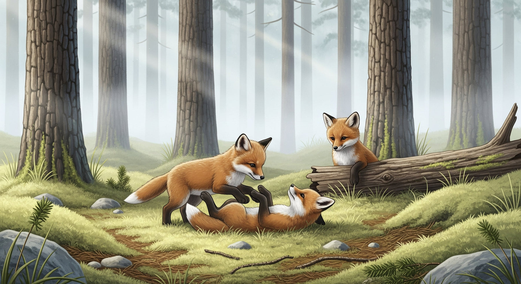 Detailed forest fox mural wallpaper design pattern showing woodland creatures by Kids-Mundo