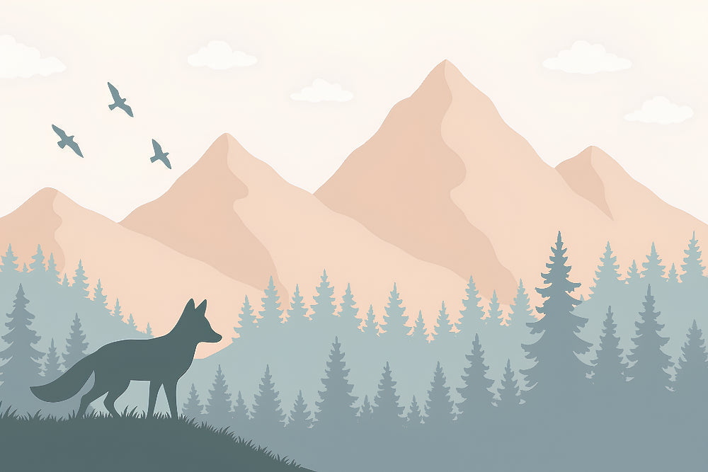 Detailed forest fox mural wallpaper design pattern with mountains and trees by Kids-Mundo