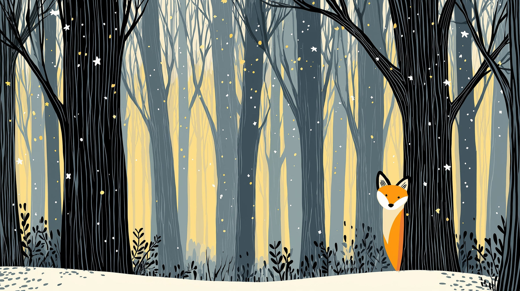 Detailed forest fox mural wallpaper design pattern showing enchanted woodland scene by Kids-Mundo