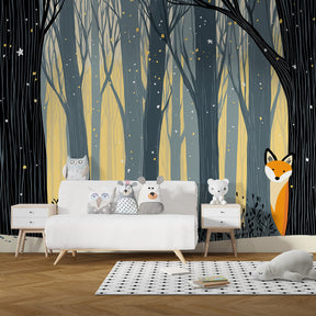 Woodland fox mural wallpaper with snowflakes and stars for cozy children's room decor