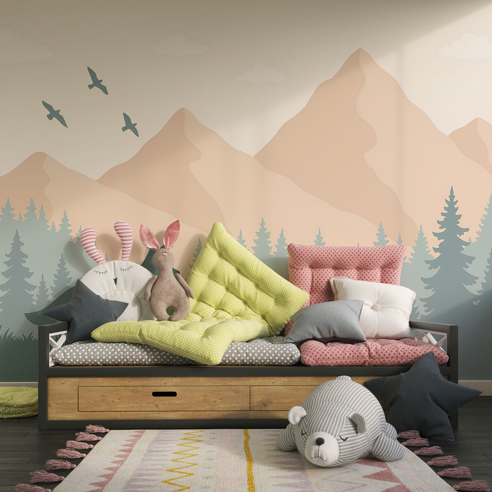 Woodland adventure mural wallpaper featuring mountains and forest for children's rooms