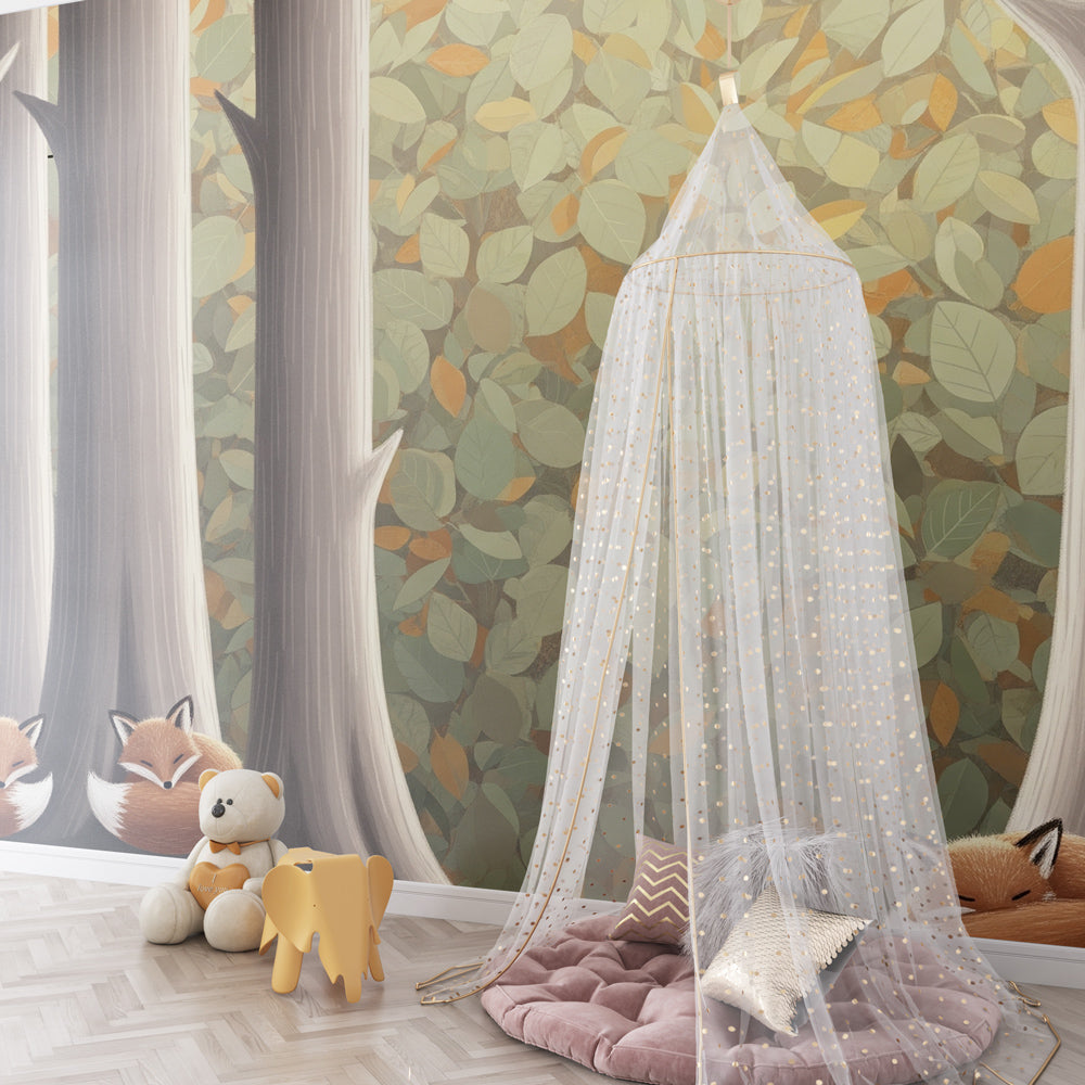 Forest theme mural wallpaper transforming children's room into woodland sanctuary