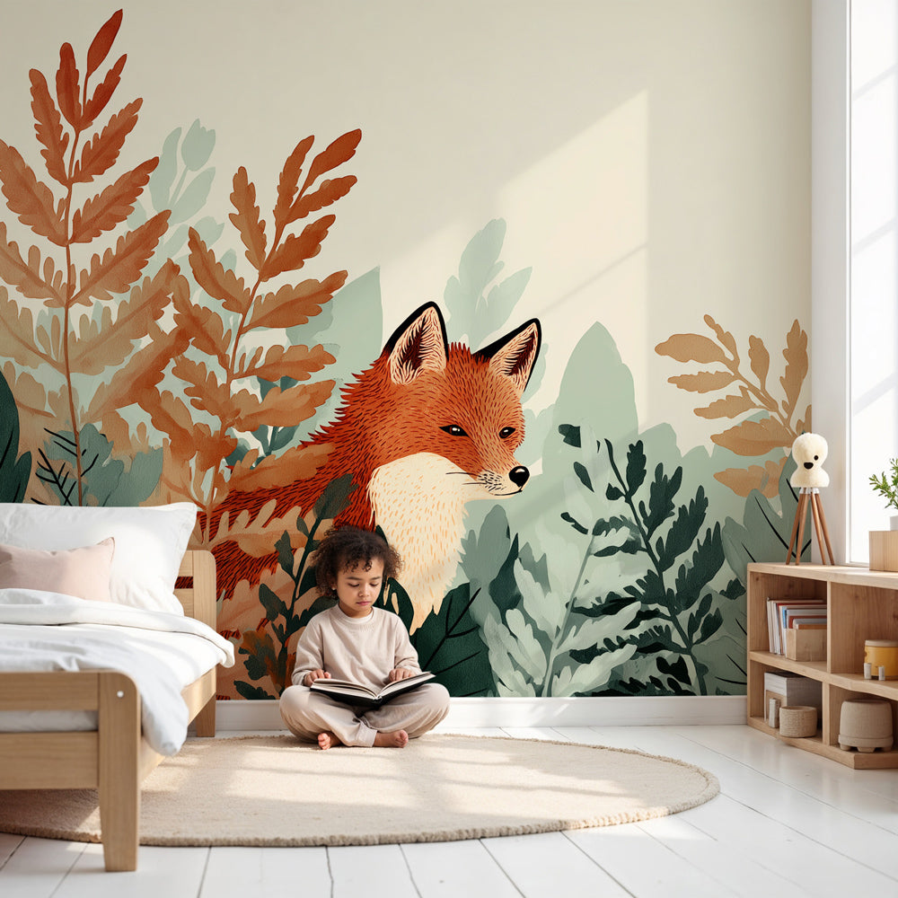 Forest fox mural wallpaper in modern nursery with natural wood furniture by Kids-Mundo