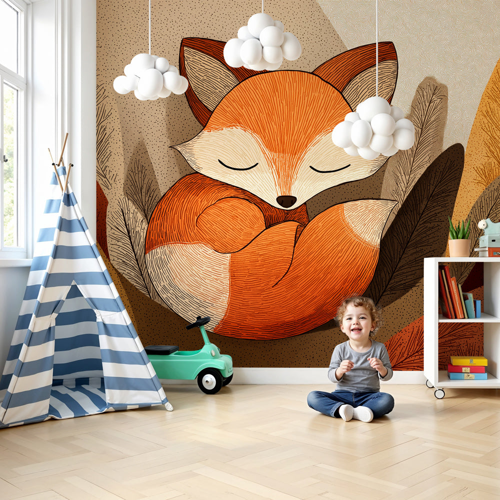 Sleeping fox mural wallpaper in cozy nursery with natural wood furniture by Kids-Mundo