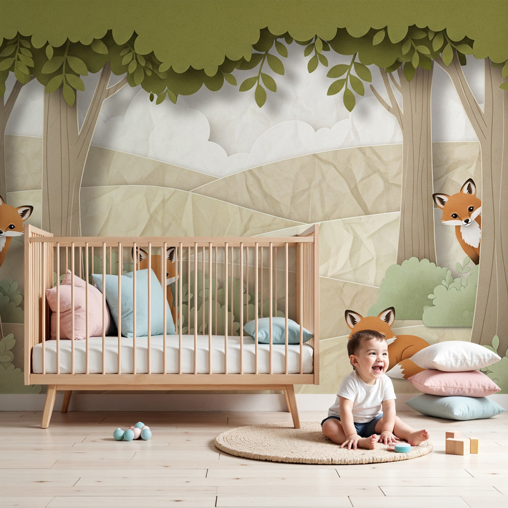 Forest fox mural wallpaper in modern nursery with wooden crib by Kids-Mundo