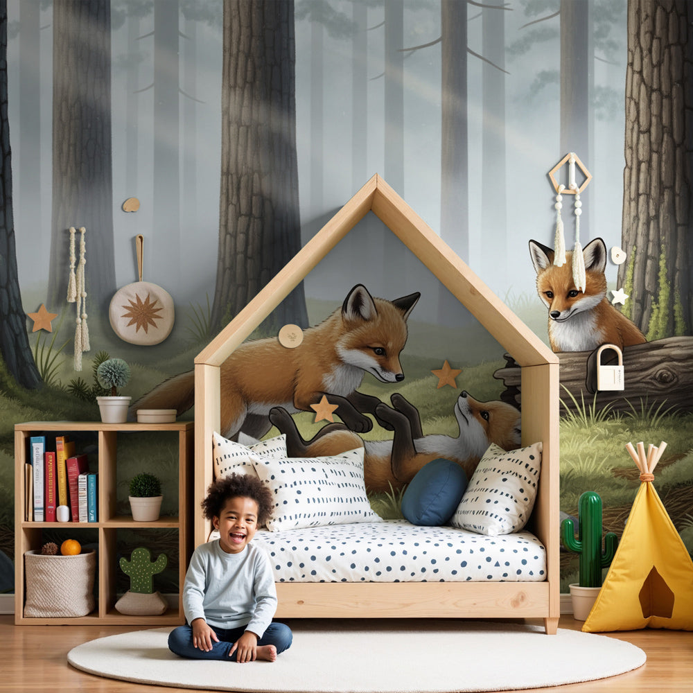 Forest fox mural wallpaper creating magical woodland nursery decor by Kids-Mundo