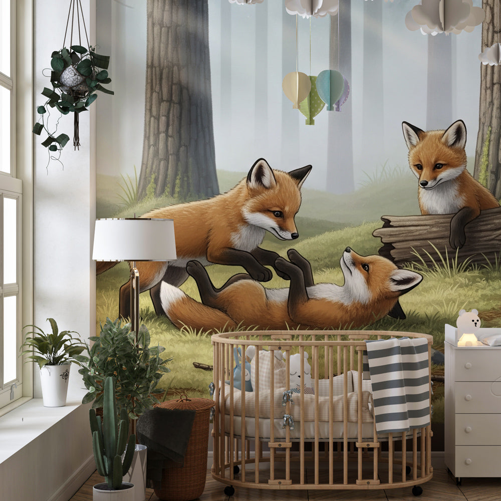 Woodland fox mural wallpaper transforming kids playroom into enchanted forest space