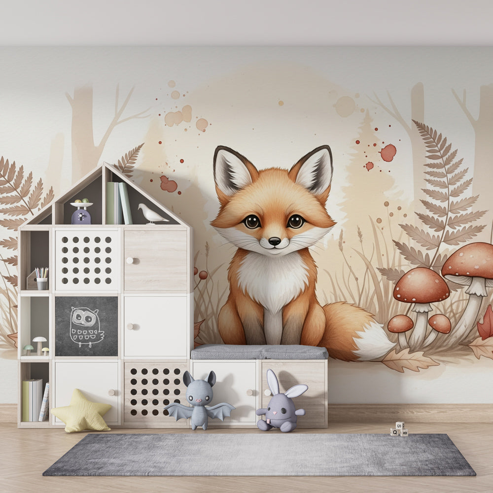 Charming fox mural wallpaper transforming children's playroom into woodland adventure space