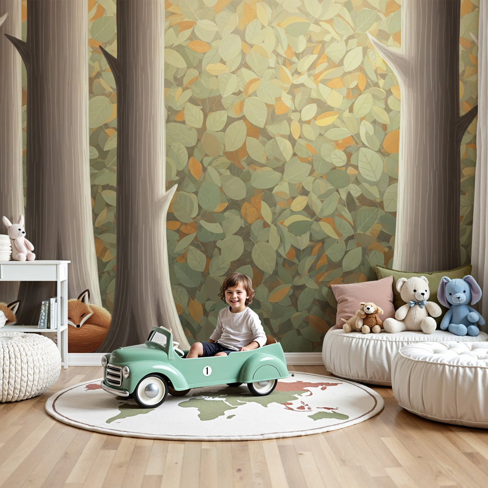 Forest fox mural wallpaper creating peaceful woodland nursery decor by Kids-Mundo