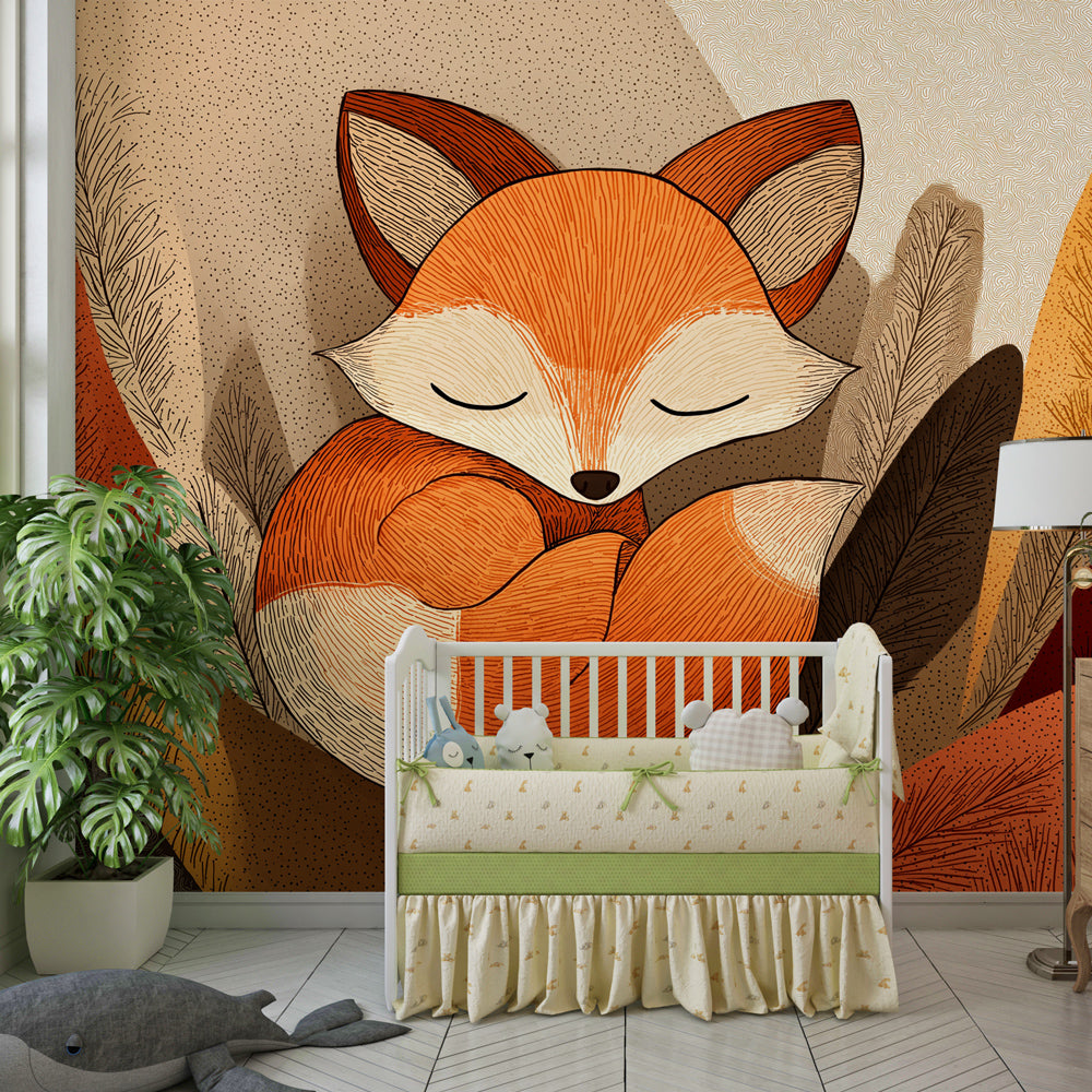 Forest animal mural wallpaper with sleeping fox in kids room decor by Kids-Mundo