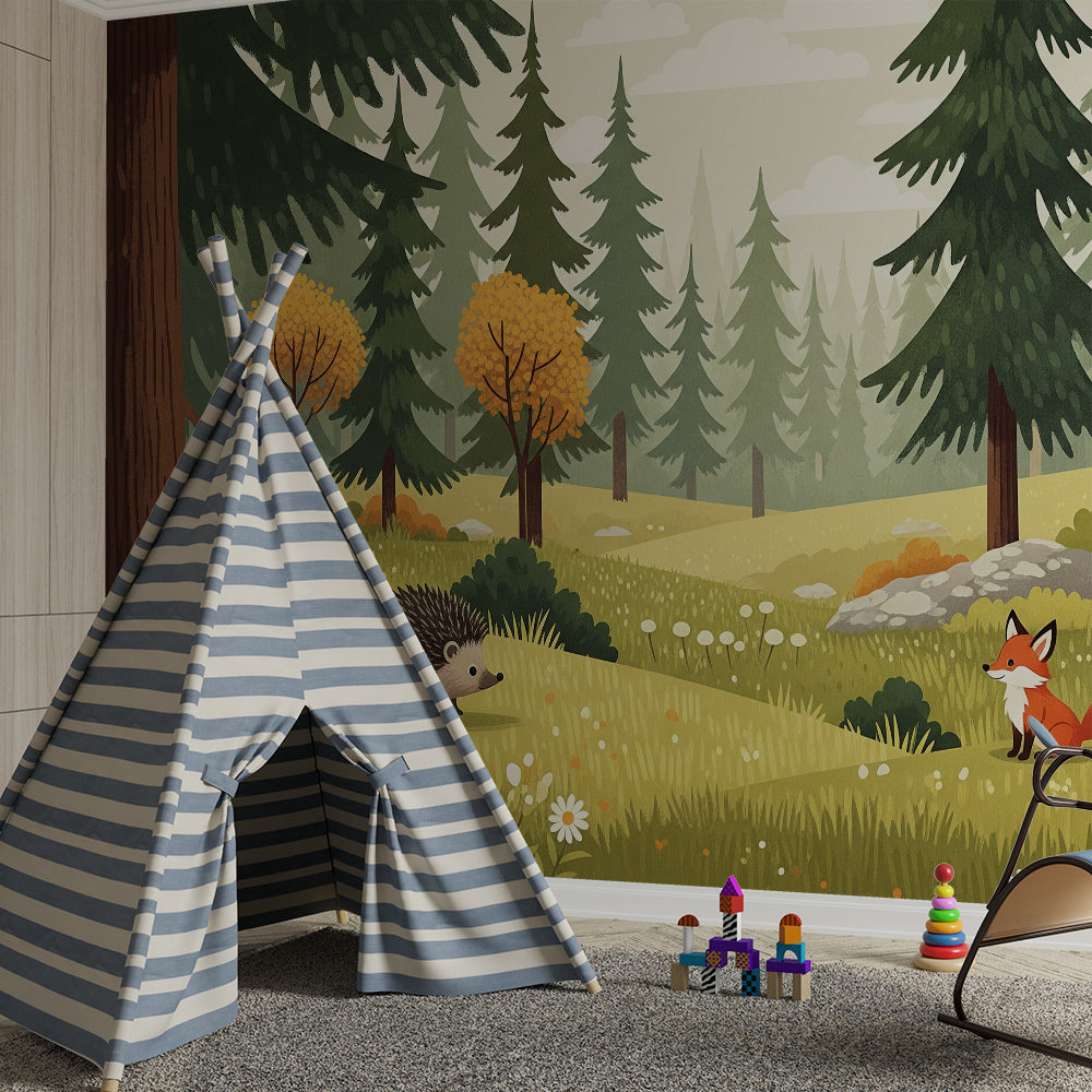 Forest friends hedgehog and fox wall mural by Kids-Mundo behind a bed in a kids bedroom