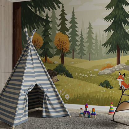 Forest friends hedgehog and fox wall mural by Kids-Mundo behind a bed in a kids bedroom