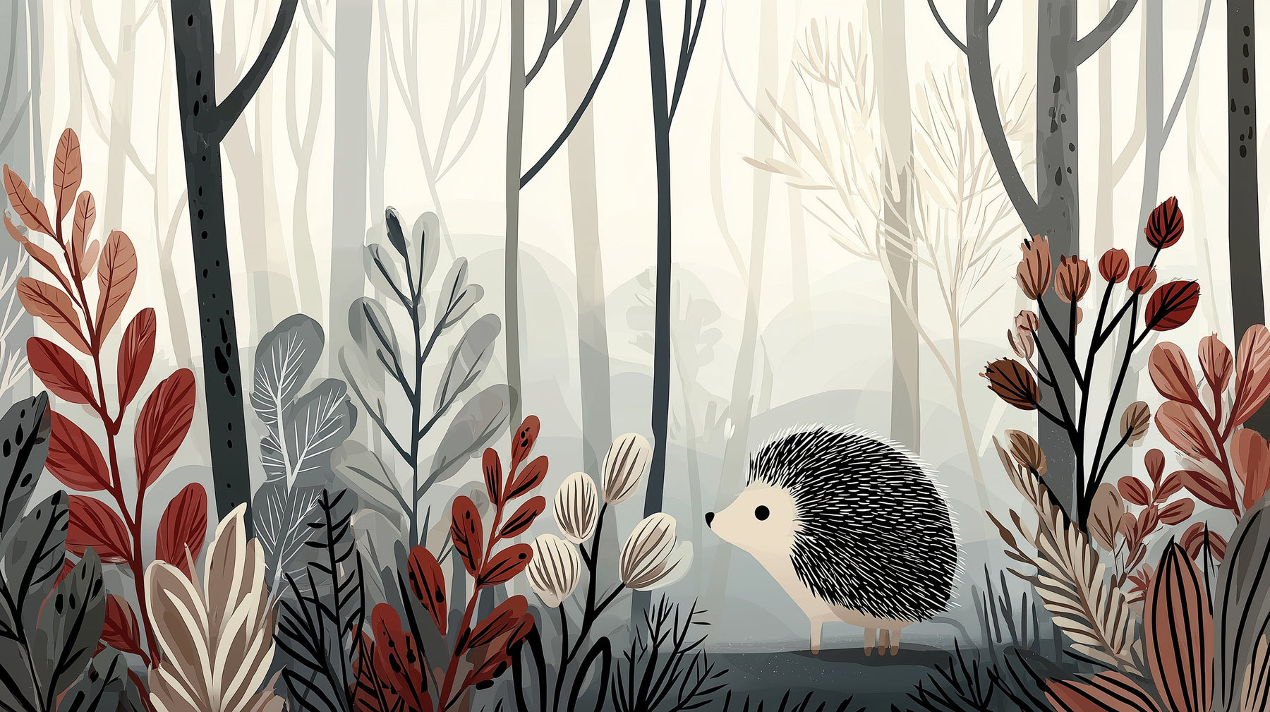 Detailed forest hedgehog mural wallpaper design pattern with woodland elements by Kids-Mundo