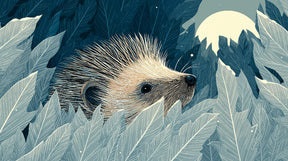 Detailed forest hedgehog mural wallpaper design pattern showing moonlit fern landscape by Kids-Mundo