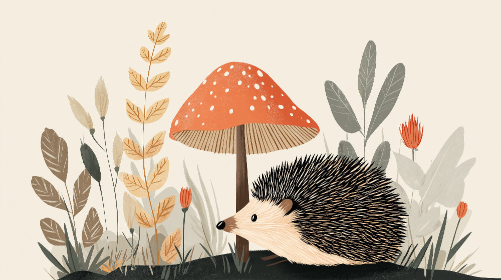 Detailed forest hedgehog and mushroom mural wallpaper design pattern by Kids-Mundo