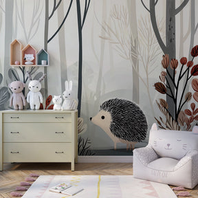 Woodland hedgehog mural wallpaper creating nature-inspired playroom decor for kids