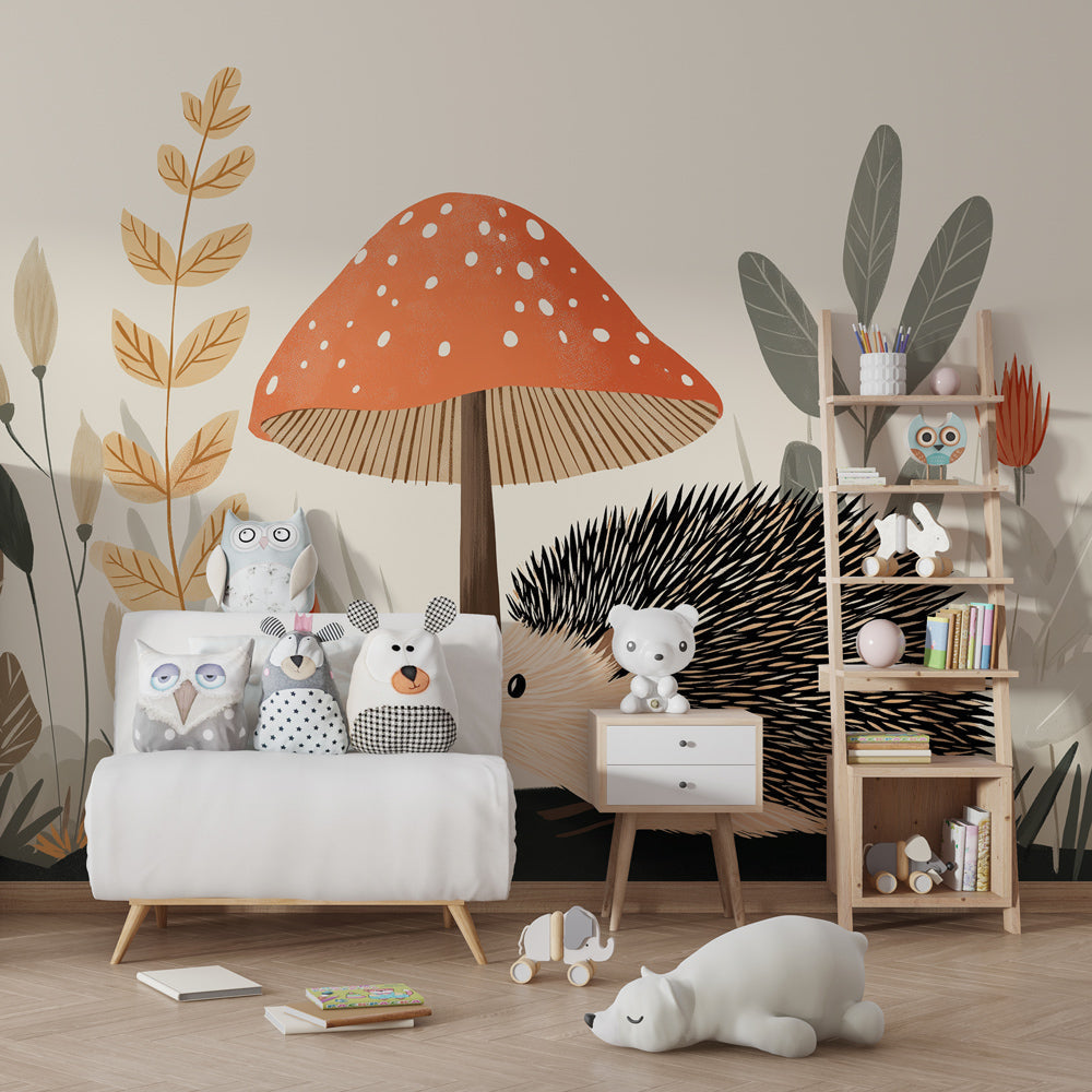 Nature-themed hedgehog mural wallpaper transforming kids playroom into forest sanctuary