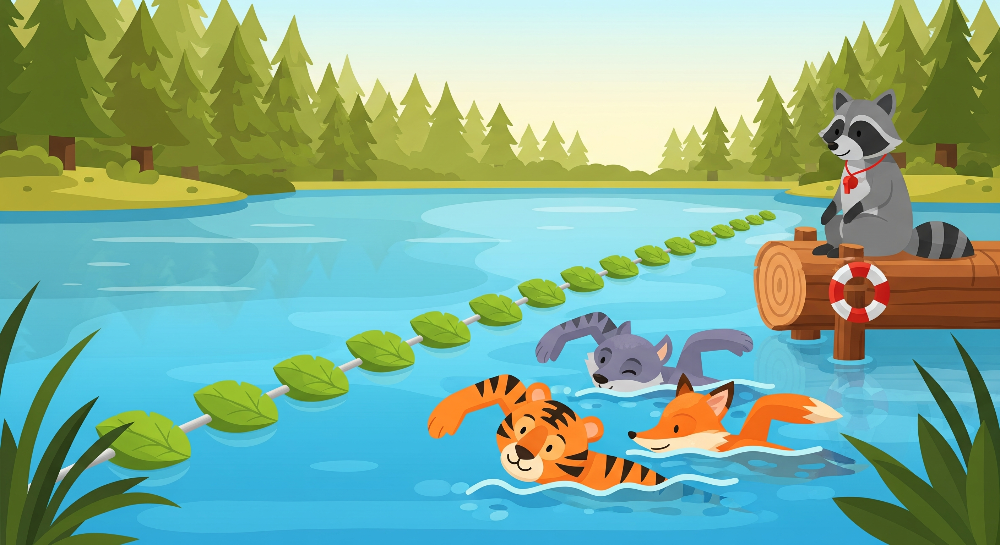 Kids-Mundo flat artwork of a tiger, fox, wolf and raccoon at a forest lake