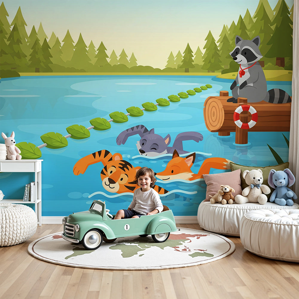 Kids-Mundo forest lake animal wall mural styled in a bright kids nursery room