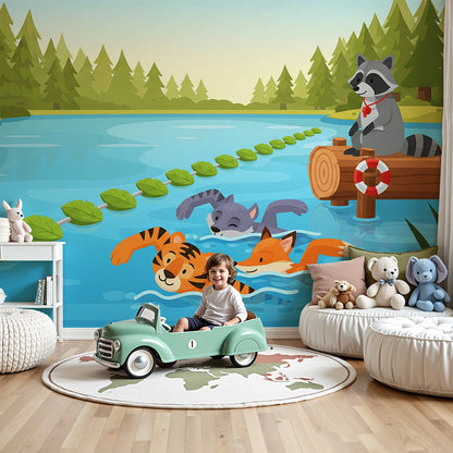 Kids-Mundo forest lake animal wall mural styled in a bright kids nursery room