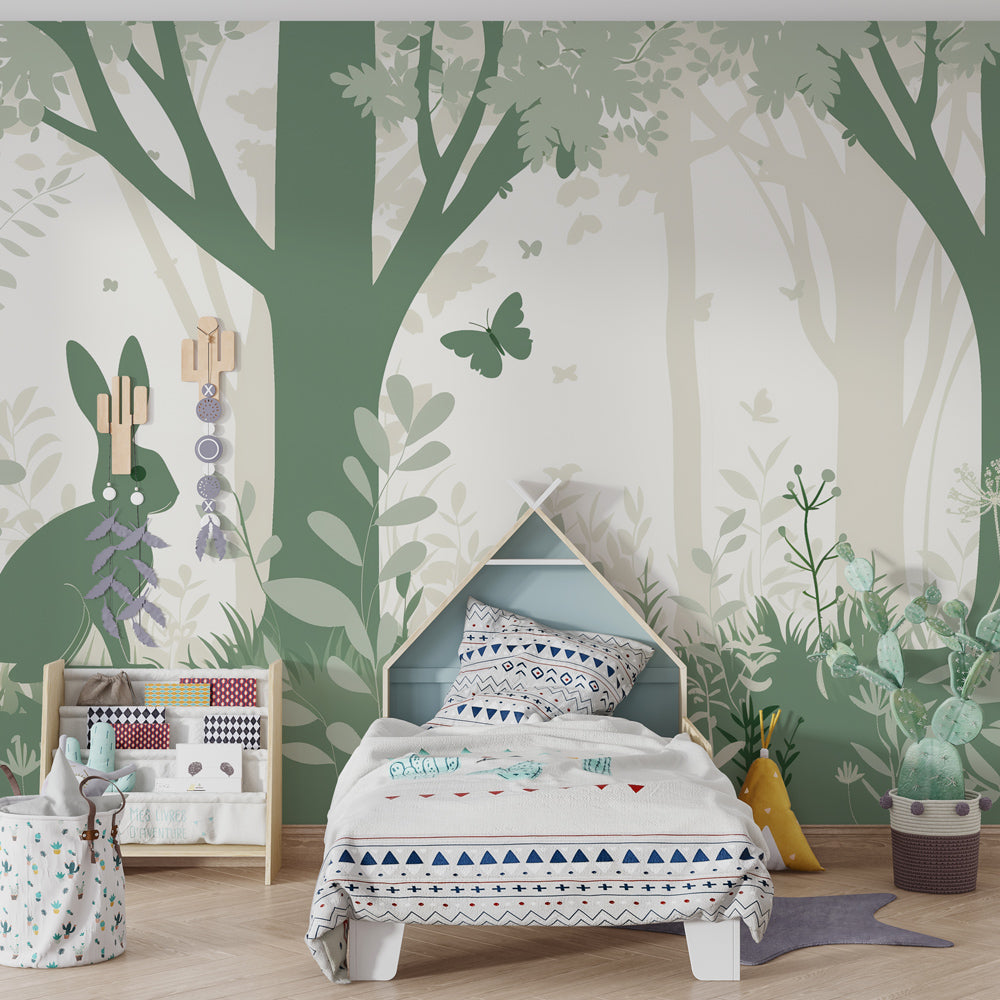 Woodland themed mural wallpaper creating peaceful kids bedroom atmosphere with forest animals
