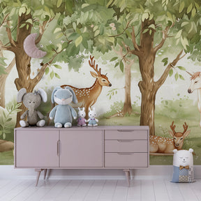 Magical woodland wallpaper creating peaceful children's bedroom atmosphere with green forest theme