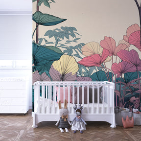 Peaceful woodland mural wallpaper creating serene atmosphere in children's bedroom
