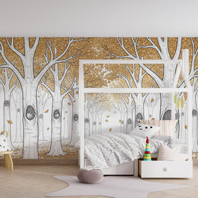 Forest mural wallpaper with golden foliage decorating cozy children's bedroom space