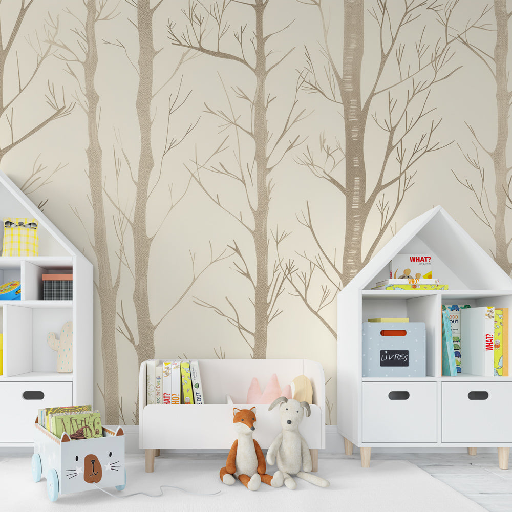 Soft beige forest mural wallpaper with minimalist trees for calming nursery design