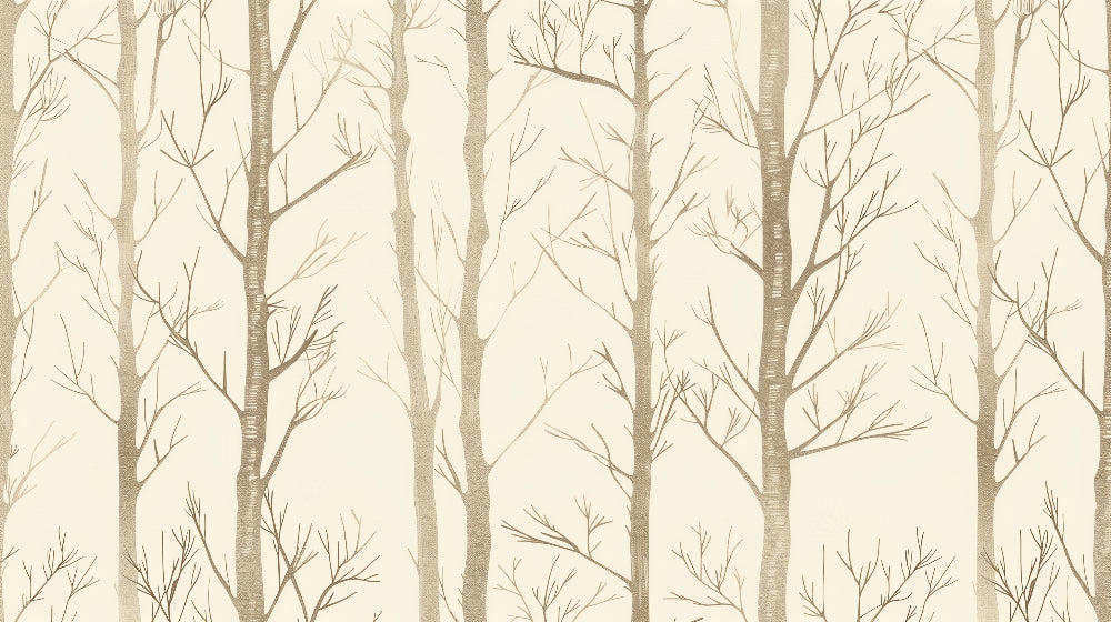 Detailed minimalist forest mural wallpaper design pattern with slender beige trees by Kids-Mundo