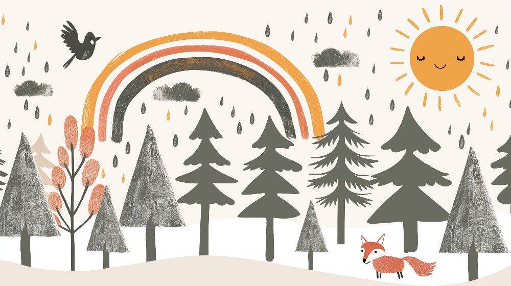 Detailed graphic forest mural wallpaper design pattern with rainbow and sun by Kids-Mundo