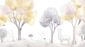 Detailed enchanted forest mural wallpaper design pattern featuring dreamy llama and pastel trees by Kids-Mundo