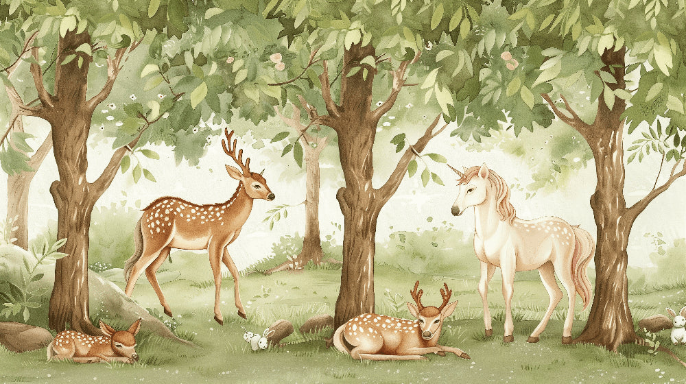 Detailed enchanted forest mural wallpaper design pattern with unicorns and deer by Kids-Mundo