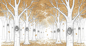 Detailed golden forest mural wallpaper design pattern with birch trees and birds by Kids-Mundo