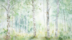 Detailed watercolor forest mural wallpaper design pattern with delicate trees by Kids-Mundo