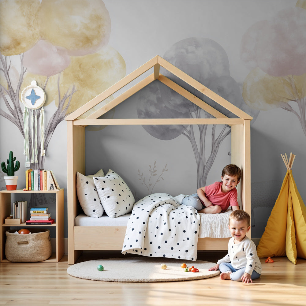 Enchanted forest mural wallpaper with dreamy llama in peaceful baby nursery by Kids-Mundo