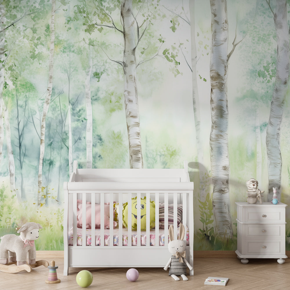 Forest watercolor wallpaper creating calming atmosphere in modern kids bedroom decor