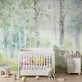 Forest watercolor wallpaper creating calming atmosphere in modern kids bedroom decor