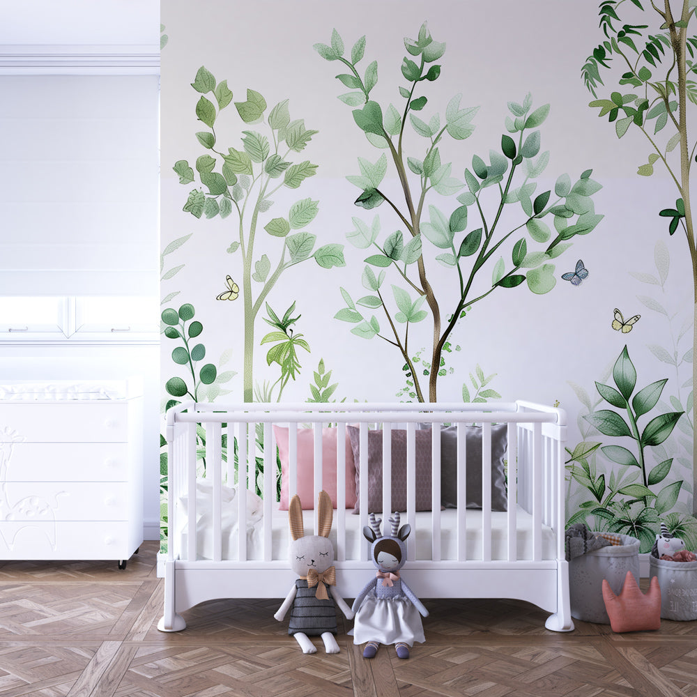 Green forest wallpaper with butterflies transforming children's bedroom into woodland sanctuary