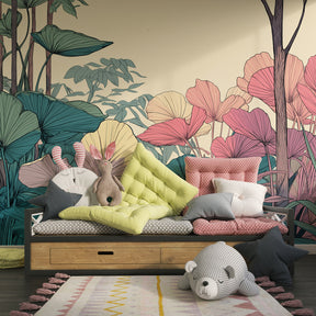 Soft pastel forest wallpaper transforming toddler room into natural sanctuary