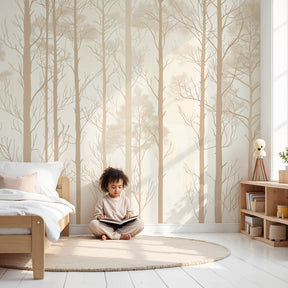 Minimalist forest mural wallpaper with slender trees in modern nursery by Kids-Mundo