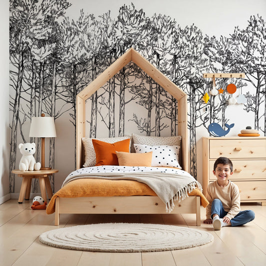 Minimalist black and white forest mural wallpaper in modern kids bedroom by Kids-Mundo
