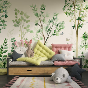 Nature-themed forest mural wallpaper with lush foliage for kids playroom by Kids-Mundo