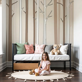 Forest mural wallpaper in neutral beige tones decorating modern kids nursery room by Kids-Mundo