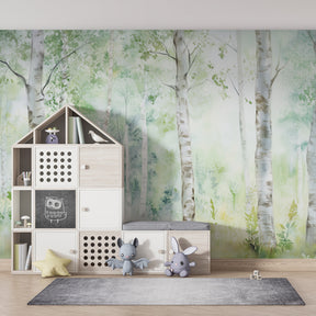 Peaceful watercolor forest wallpaper transforming baby room with natural green tones