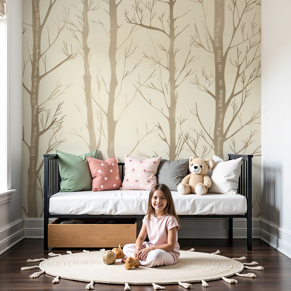 Minimalist forest mural wallpaper with beige trees in modern baby nursery by Kids-Mundo