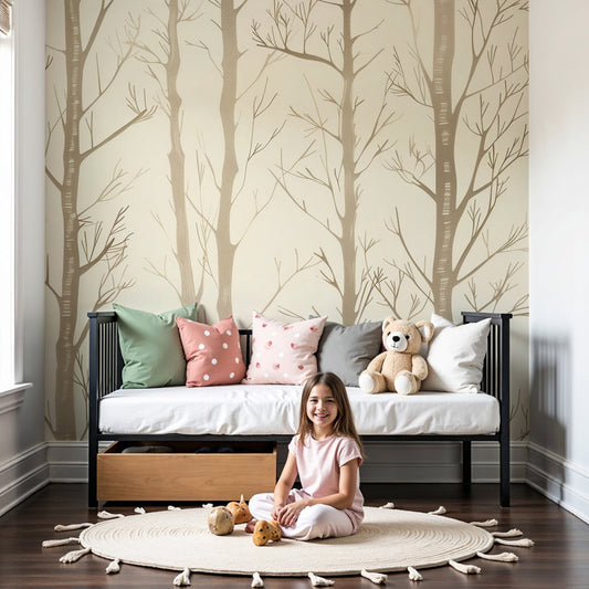 Minimalist forest mural wallpaper with beige trees in modern baby nursery by Kids-Mundo