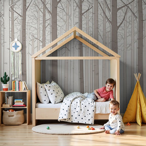 Calming beige forest mural wallpaper in modern nursery with natural wood crib by Kids-Mundo