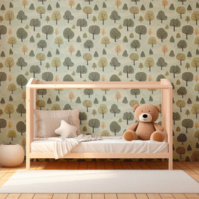 Woodland trees mural wallpaper transforming modern nursery with natural forest theme