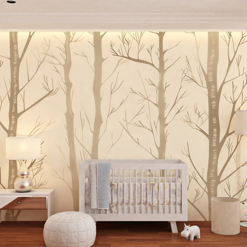 Forest themed nursery wallpaper creating serene atmosphere in baby room decor